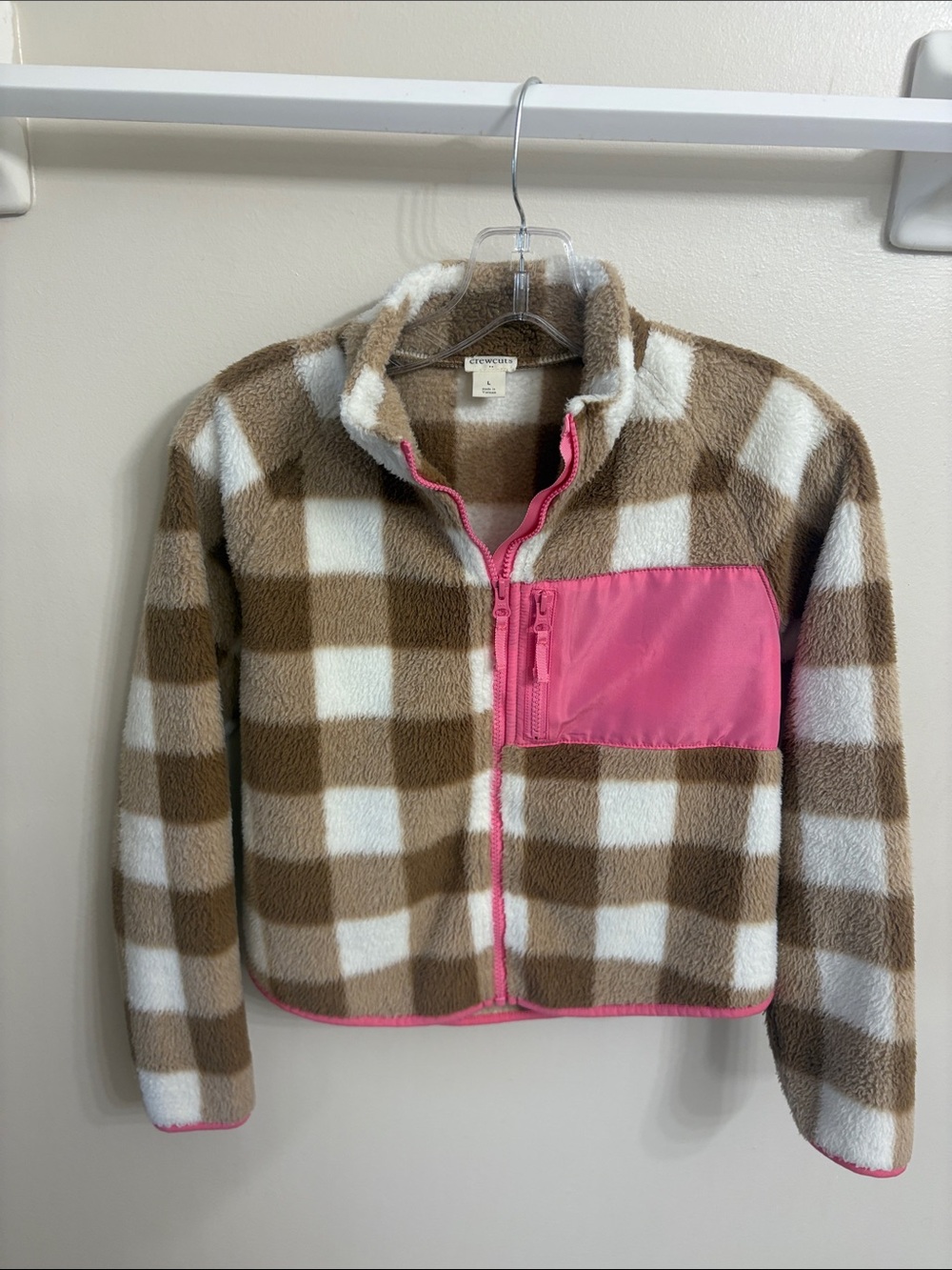 Crewcuts Brown & White Check Fleece Jacket with Pink Pocket